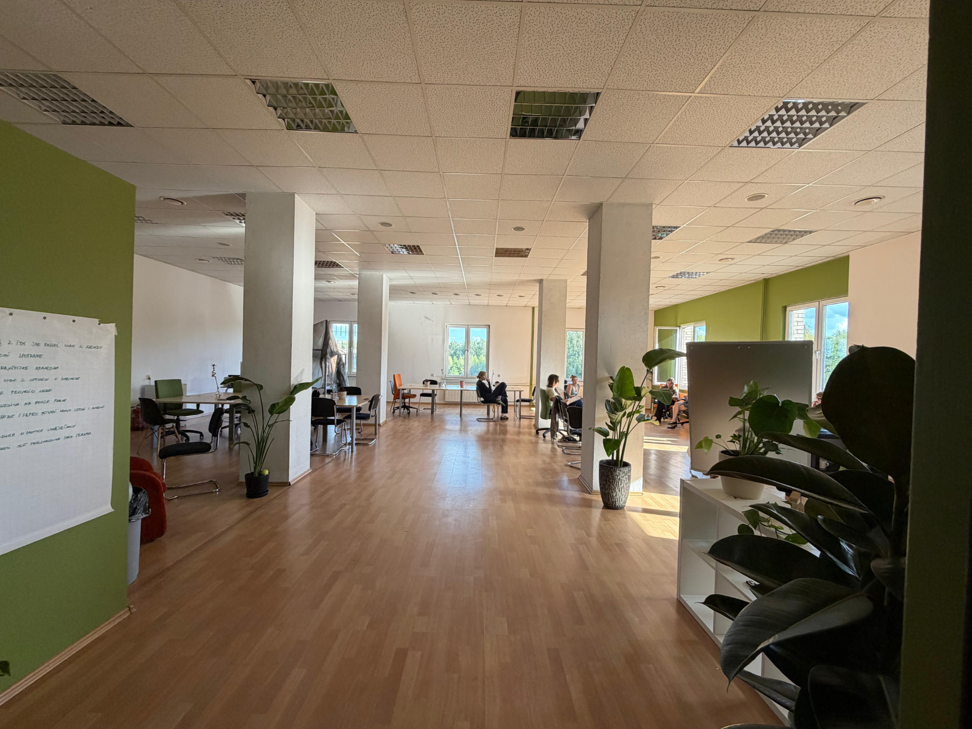 Jasna przestrzeń coworkingowa w Fabryce Montana w Katowicach — duże okna, zielone ściany, stanowiska pracy i rośliny.